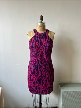 trina Trina Turk Pink & Navy Animal-Print Halter Sheath Dress
